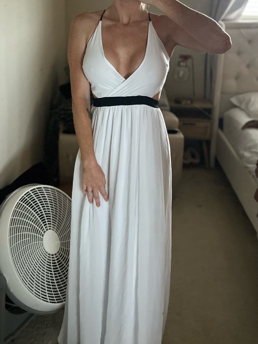 Express White Halter Maxi Dress Side Cutout with Black Waistband